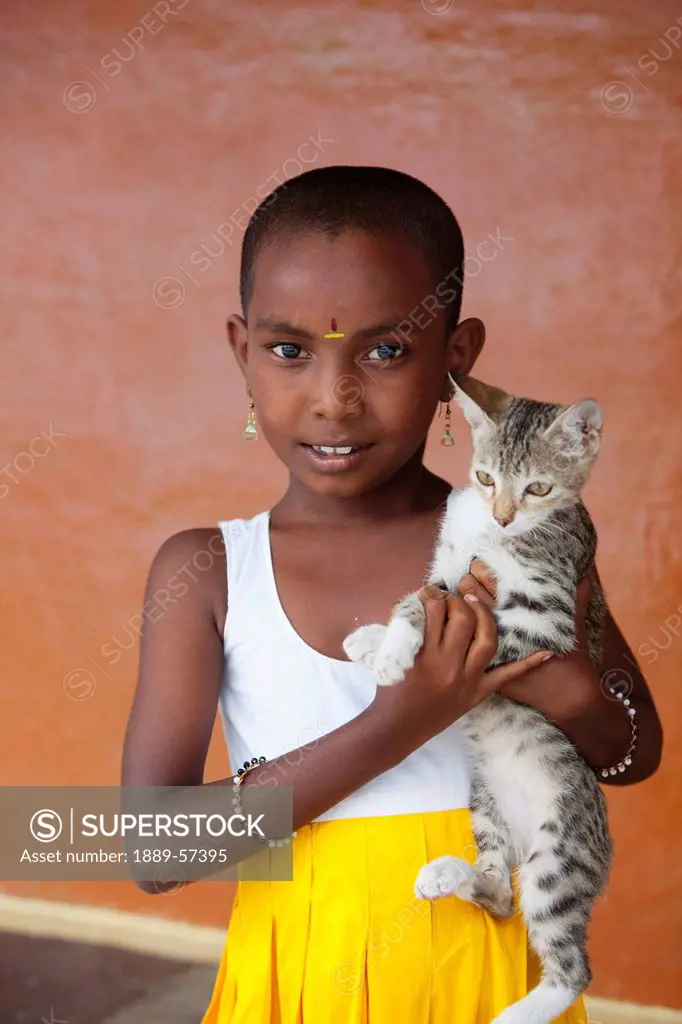 A Girl Holding A Cat, Sathyamangalam, Tamil Nadu, India