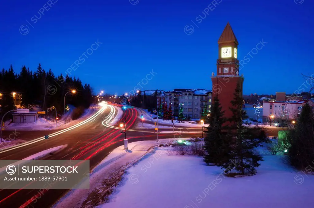 Clock tower at Christmas, St. Albert, Alberta, Canada