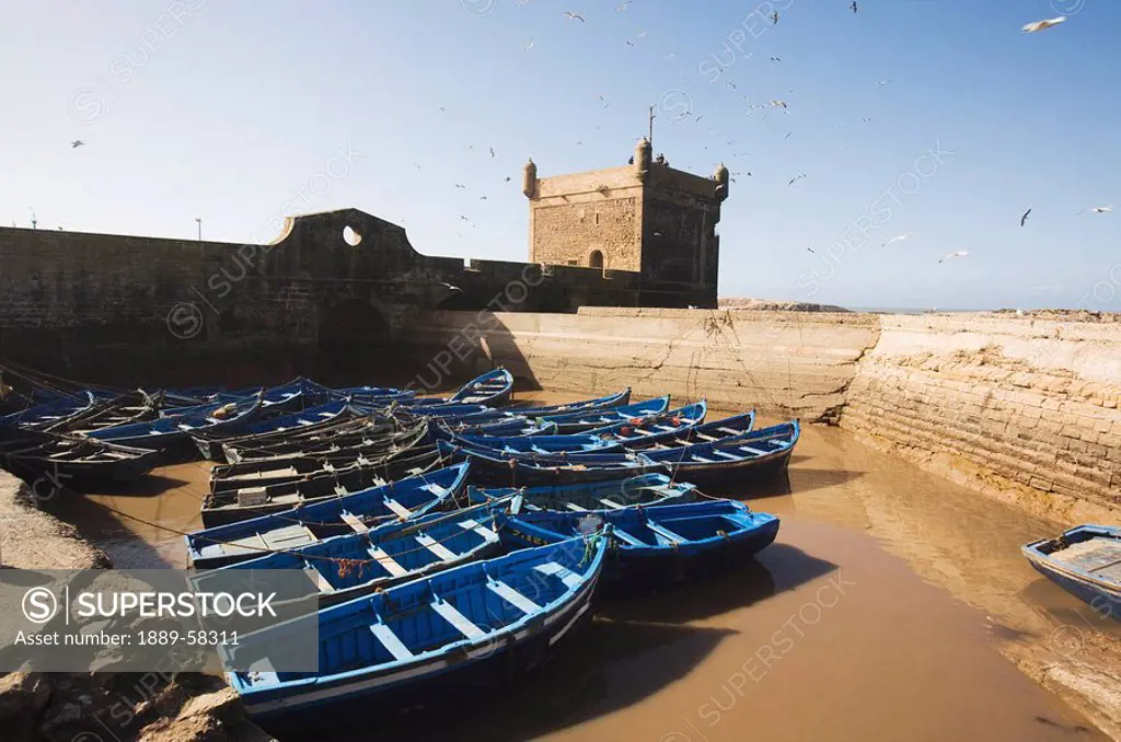 Boats moored in harbor, Port Skala, Essaouira, Morocco