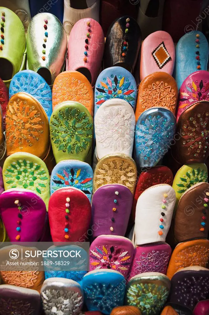 Shoe display in a shop in Essaouira, Morocco