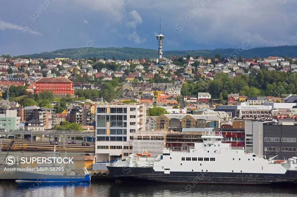 Ferry by waterfront, Trondheim, Norway, Scandinavia