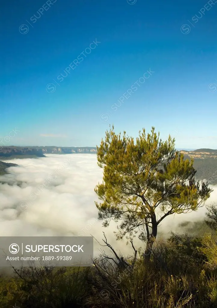 Temperature inversion shown by low lying clouds
