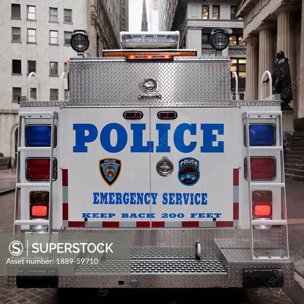 Back of police vehicle, Manhattan, New York, USA