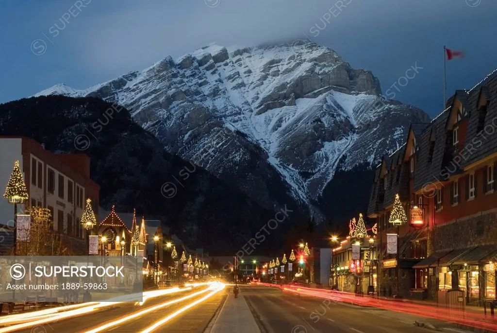 Banff, Alberta, Canada, Banff Avenue Illuminated At Night