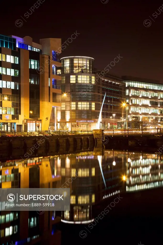 Cork, Cork County, Ireland, Modern Cork City With Clarion Hotel Illuminated At Night Along River Lee