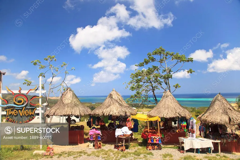 Roatan, Bay Islands, Honduras, Handicraft Huts Beside A Restaurant Called ´the View´
