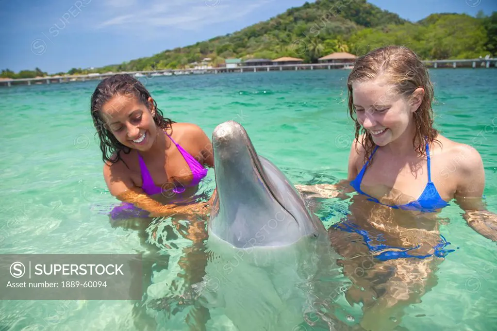 Roatan, Bay Islands, Honduras, Young Women In The Water With A Bottlenose Dolphin Tursiops Truncatus At Anthony´s Key Resort