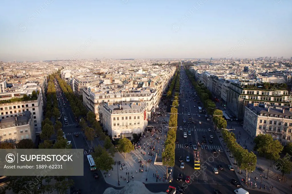 high angle view of paris with the avenue des champs_élysées, paris, france