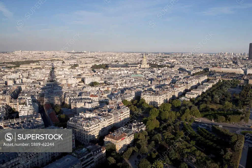 high angle view of paris from on top of the eiffel tower at sunset, paris, france