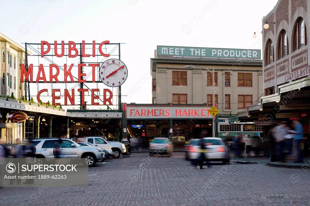 the front sign and street of pike place market, seattle, washington, united states of america
