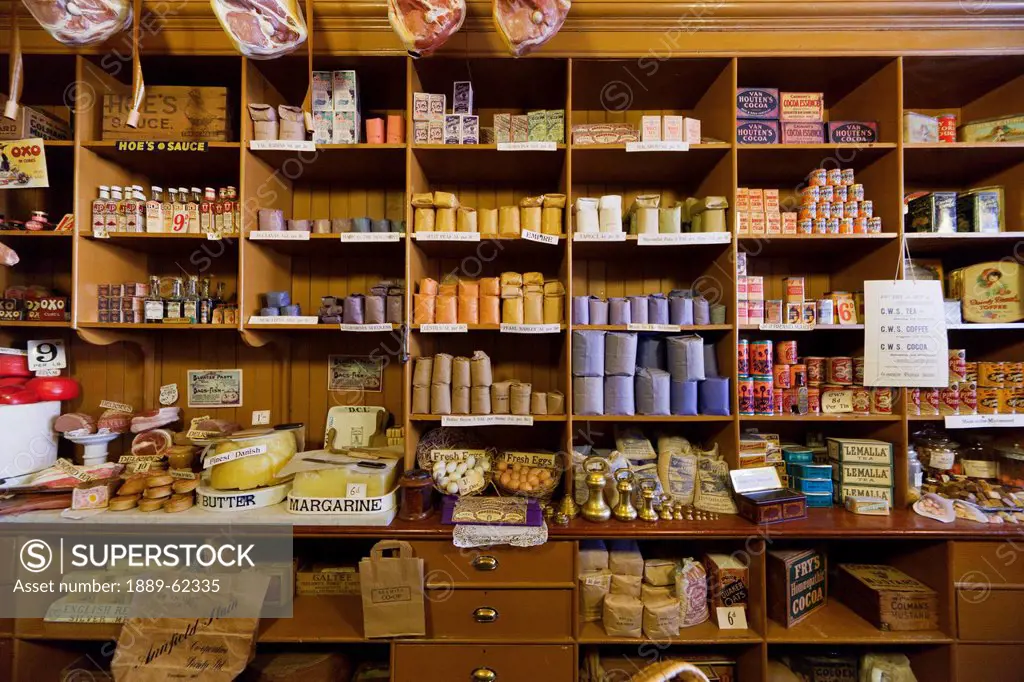 variety of goods for sale in a shop, beamish, durham, england