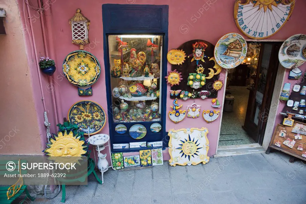 colorful pottery on display, manarola, liguria, italy