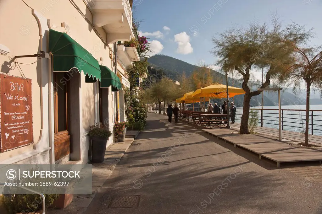 shops along the promenade on the coast, monterosso al mare, liguria, italy