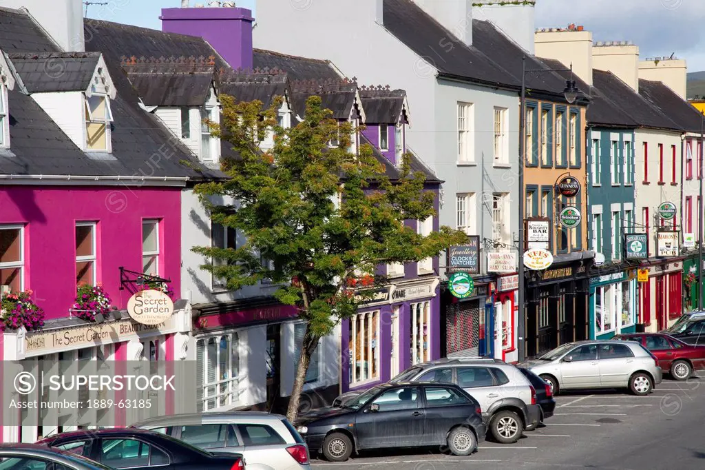 cars parked along the main street, kenmare, county kerry, ireland