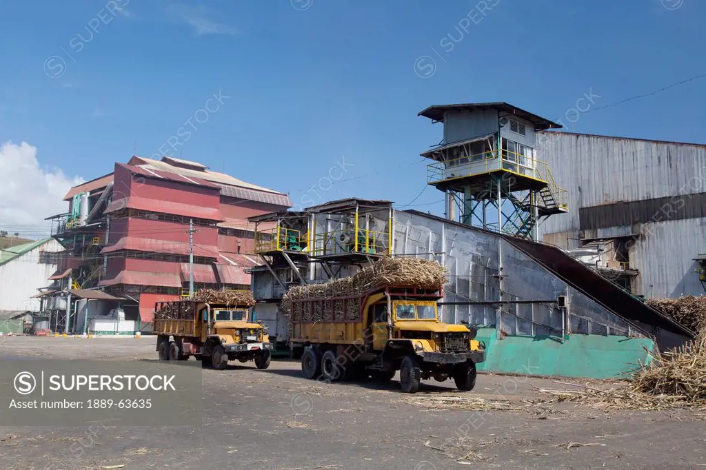 trucks loaded with raw sugar cane delivering to sugar mill, bais city, negros island, philippines