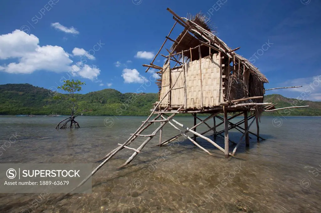 a small thatched stilt house sits in the bay near the tiny fishing village of vigan near snake island and el nido, vigan, bacuit archipelago, palawan,...
