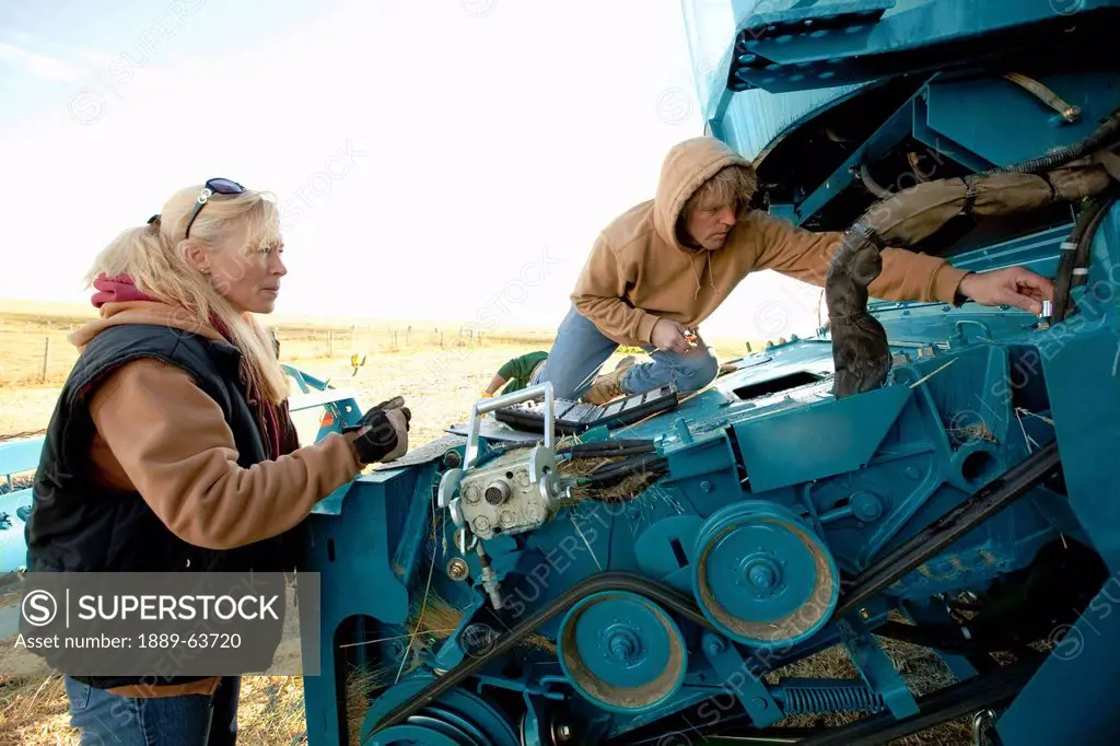 farmers cleaning a combine tractor, three hills, alberta, canada