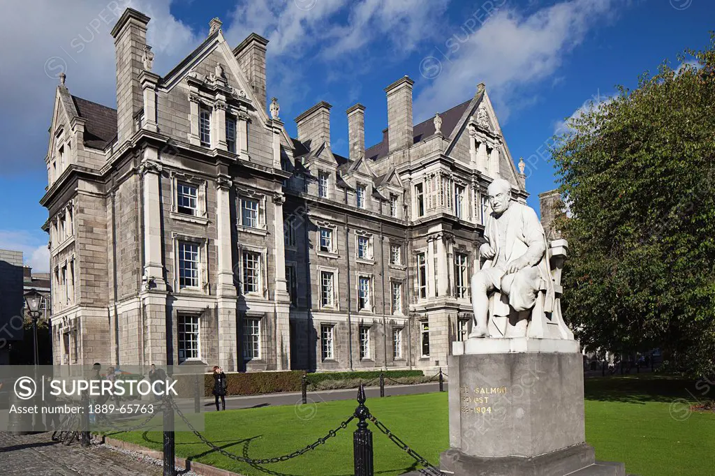 trinity college and the statue of george salmon provost of trinity college from 1819_1904 as taken from parliament square, dublin county dublin irelan...