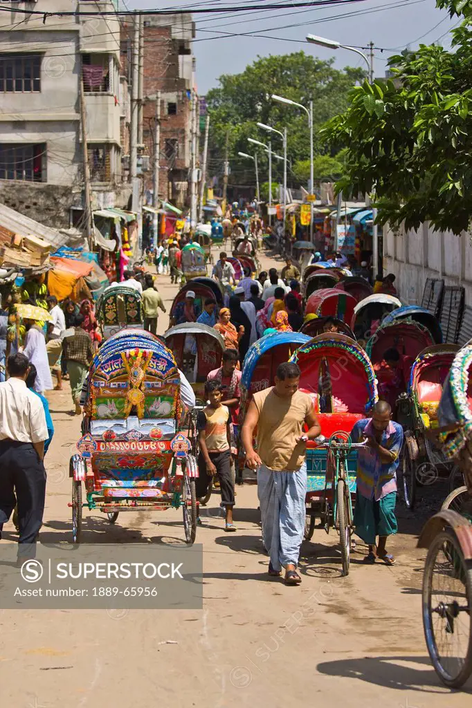 People Lead Their Carts Through Narrow City Streets, Dhaka, Bangladesh
