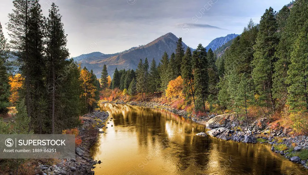 composite entitled ´river of gold´ taken from a bridge over the icicle river, leavenworth washington united states of america