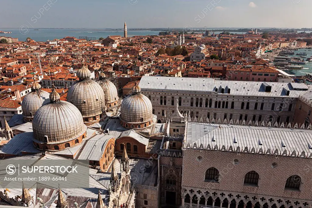view from the bell tower in st. mark´s square and the roofline of st. mark´s basilica, venice italy