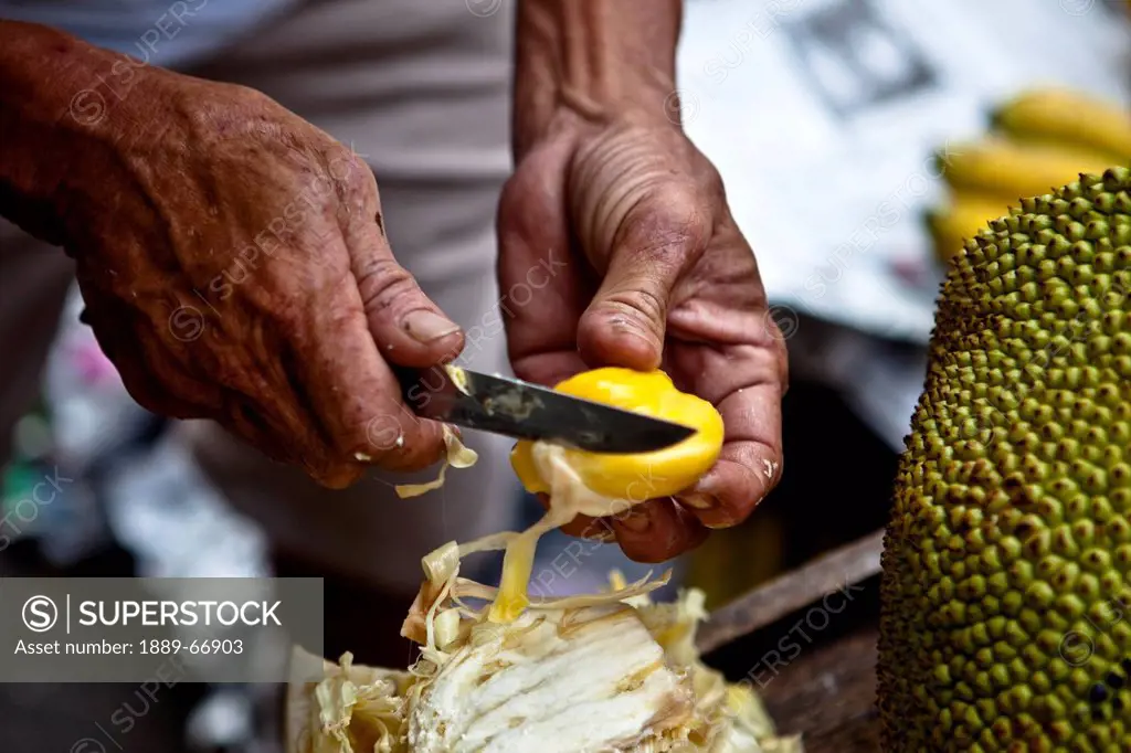 Hands Cutting Jack Fruit With A Knife, Pulau Tikus Penang Malaysia