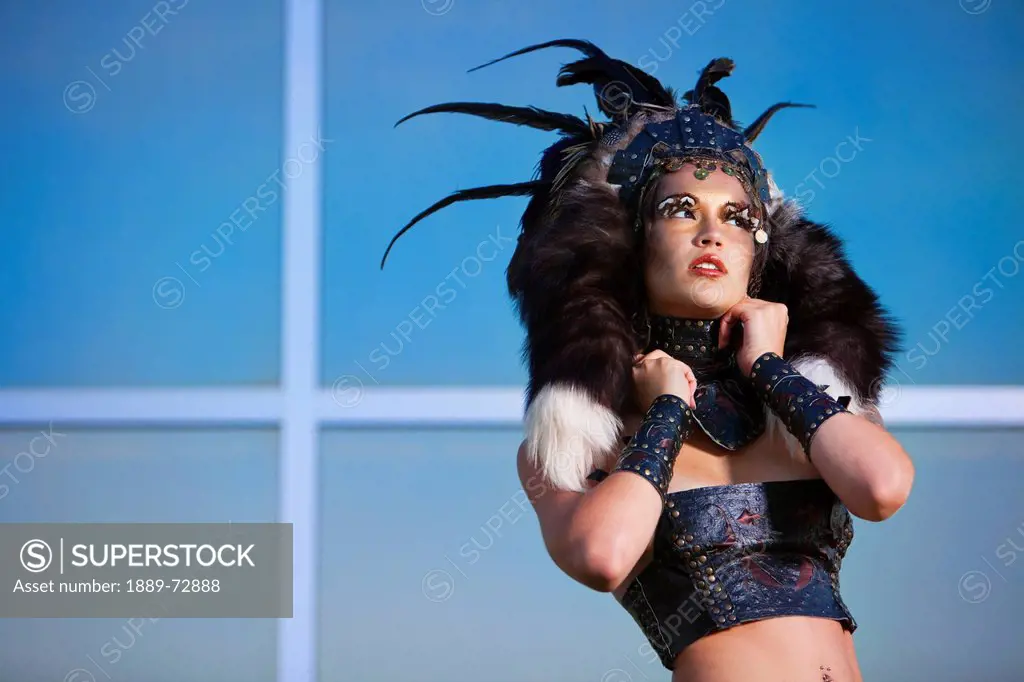 a glamorous look with fur and feather accessories, edmonton alberta canada