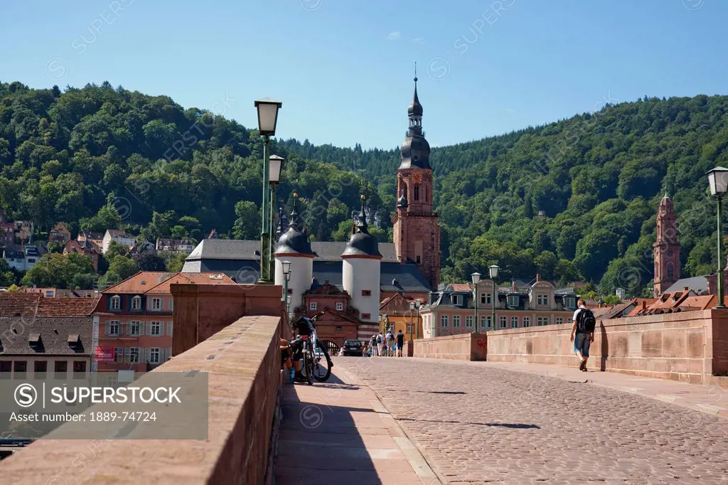 Alte Bruecke Bridge Showing Brueckentor Gate And Two Baroque Towers, Heidelberg Baden_Wurttemberg Germany