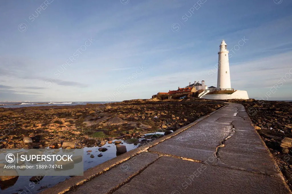Paved Path To The Lighthouse On St. Mary´s Island, Northumberland England