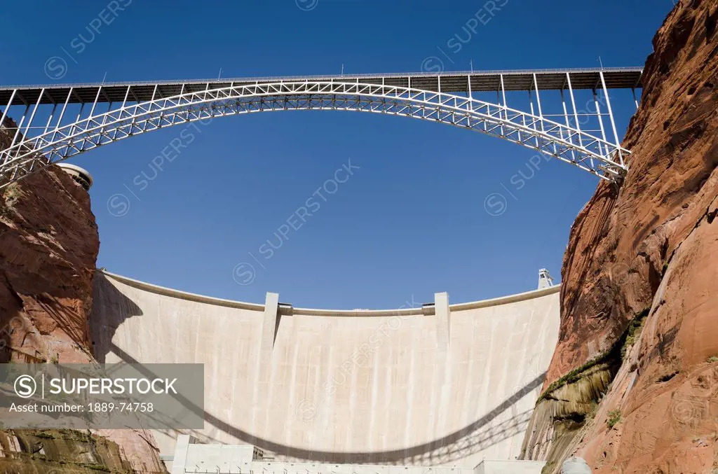Bridge Crossing Colorado River And Glen Canyon Dam, Arizona United States Of America