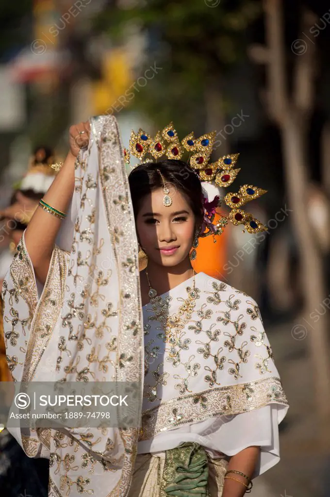 A Young Woman Dressed For The Chiang Mai Flower Festival Parade, Chiang Mai Thailand