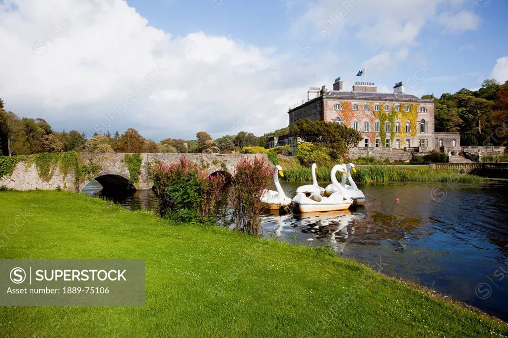 Paddleboats in the shape of swans in a lake at westport house, westport county mayo ireland