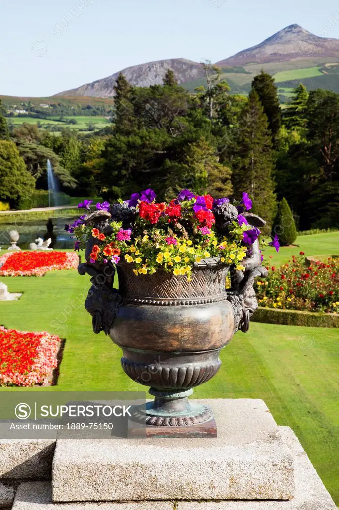 Planter filled with colourful flowers at powerscourt house and gardens, enniskerry county wicklow ireland