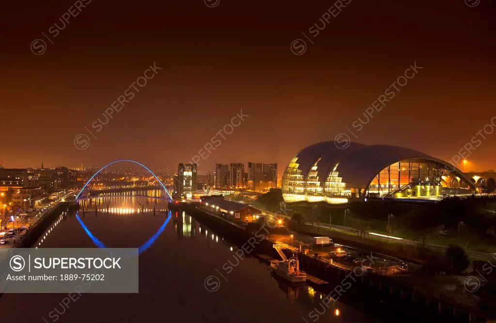 City And River Tyne Illuminated At Night, Newcastle Northumberland England