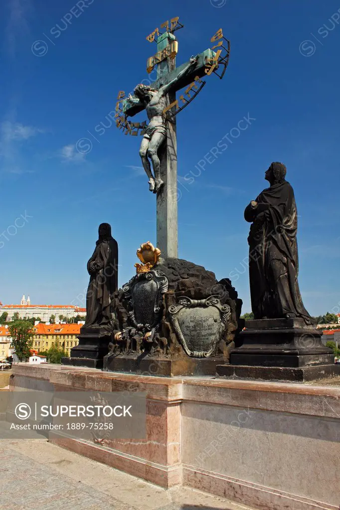 Statues And Crucifix On Charles Bridge Or Karluv Most, Prague Czech Republic