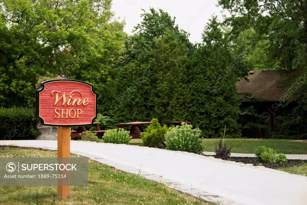 Wooden Wine Shop Sign At The Entrance Of A Winery, St. Catharines Ontario Canada
