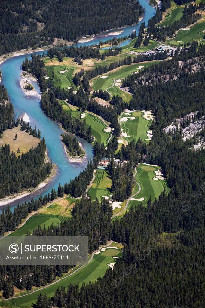 High Angle Of Banff Springs Golf Course Along The Bow River, Banff Alberta Canada