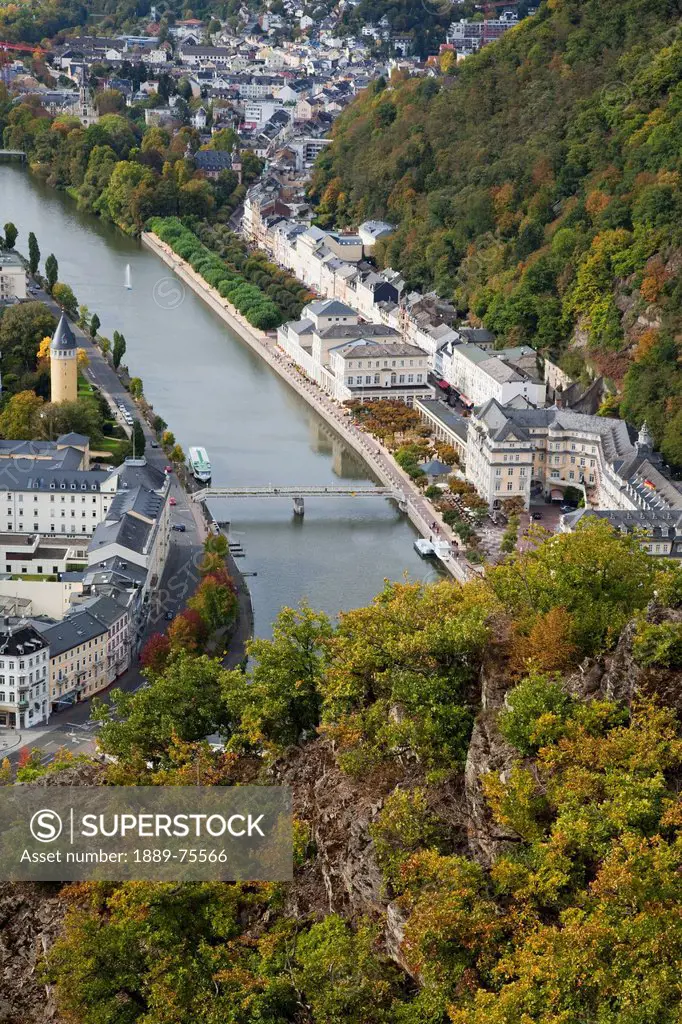 High angle view of a bridge crossing the river lahn and buildings along the water´s edge, bad ems rheinland_pfalz germany