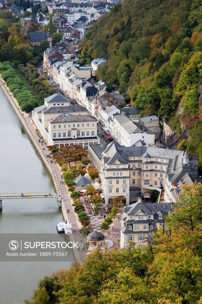 High angle view of a bridge crossing the river lahn and buildings along the water´s edge, bad ems rheinland_pfalz germany