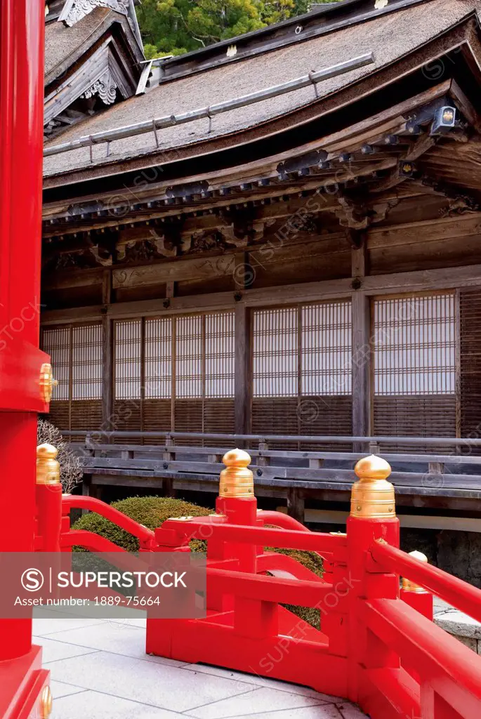 Japanese temple with red wood railing, koyasan wakayama japan