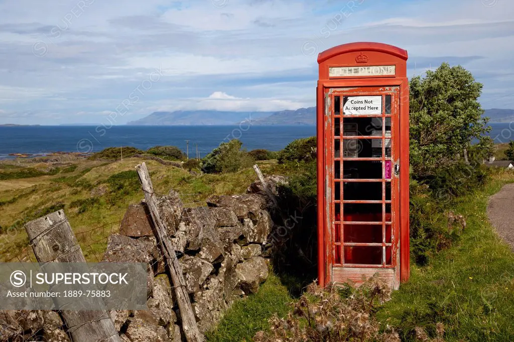 A Red Telephone Booth Beside The Road On The Coast, Argyll Scotland