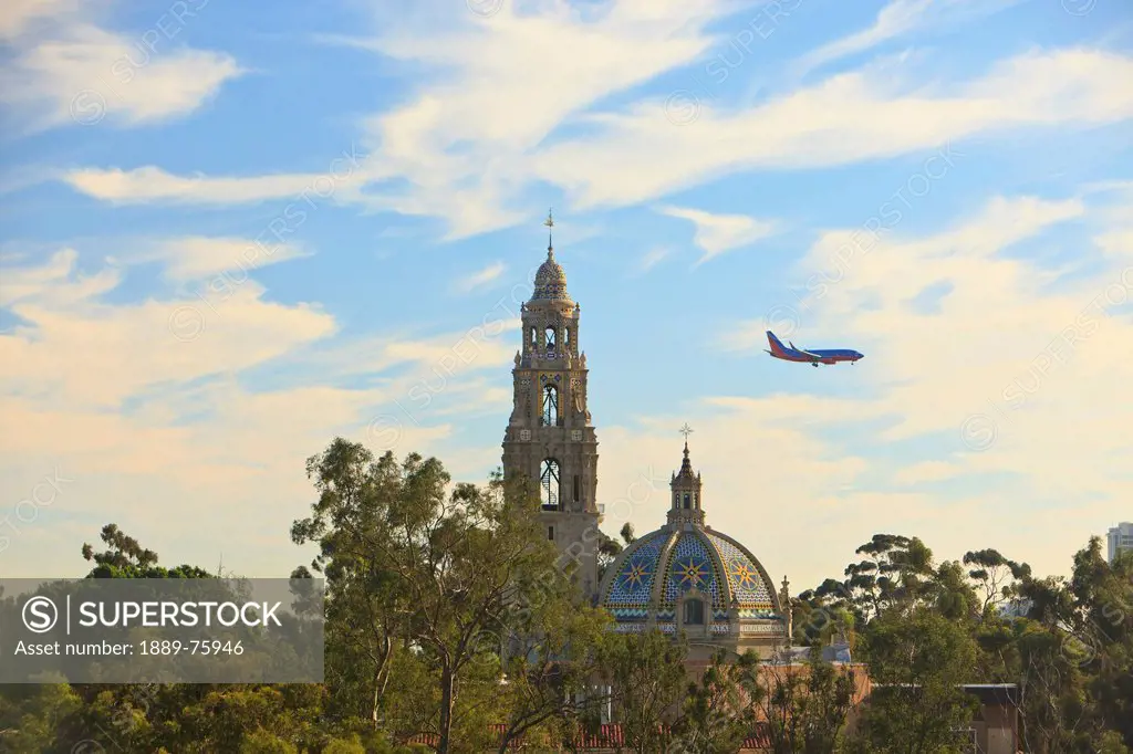 Airplane Descending For San Diego Airport Over Museum Of Man And California Bell Tower, San Diego California United States Of America