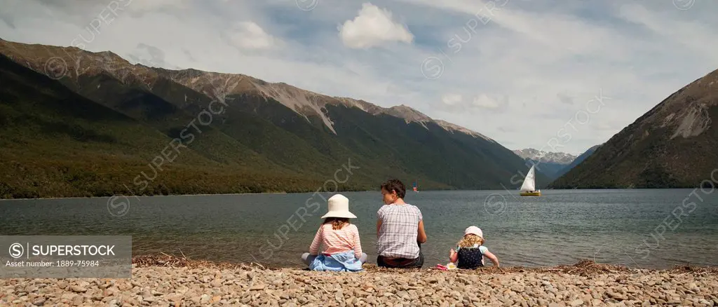 Mother And Kids At Lake Rotoiti, St. Arnaud New Zealand