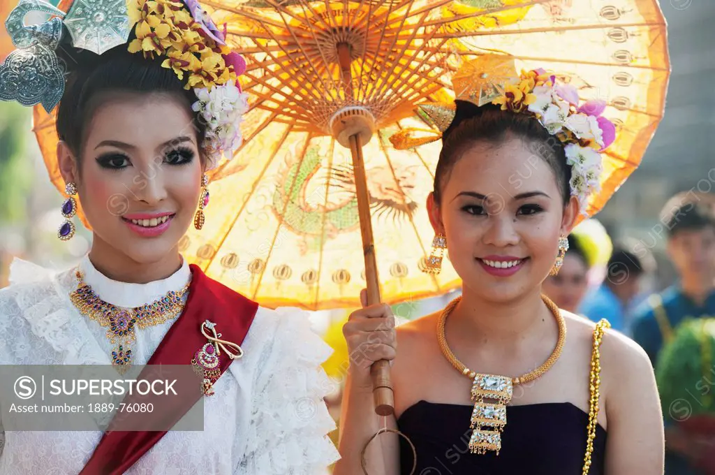 Young Women Dressed For The Chiang Mai Flower Festival Parade, Chiang Mai Thailand