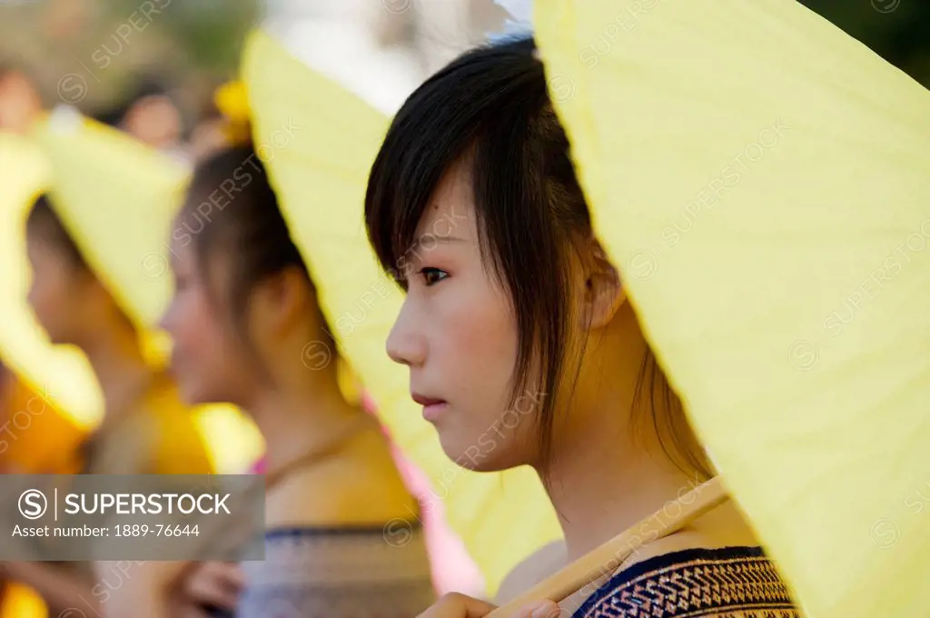 Young Women Dressed For The Chiang Mai Flower Festival Parade, Chiang Mai Thailand