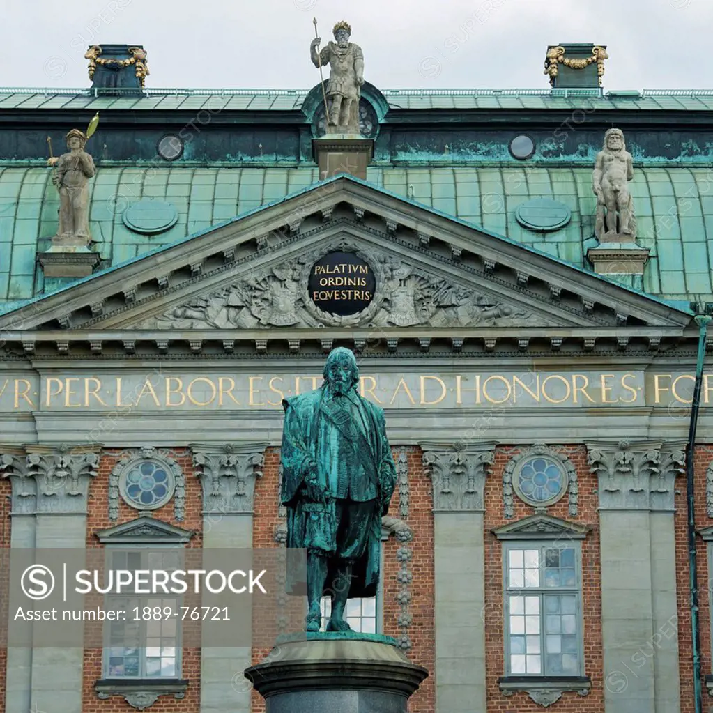 Statue in front of the swedish house of nobility, stockholm sweden