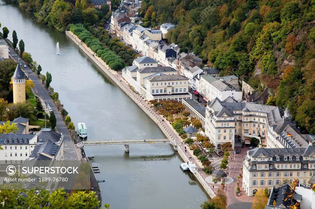 High angle view of a bridge crossing the river lahn and building along the water´s edge, bad ems rheinland_pfalz germany