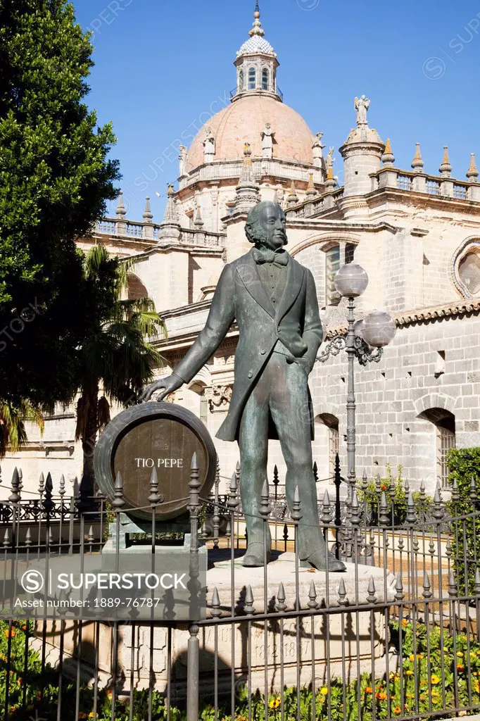 The statue of tio pepe with the cathedral in the background, jerez de la frontera andalusia spain
