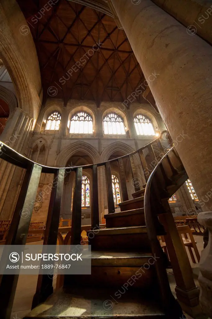 Wooden curving staircase in ripon cathedral, ripon yorkshire england