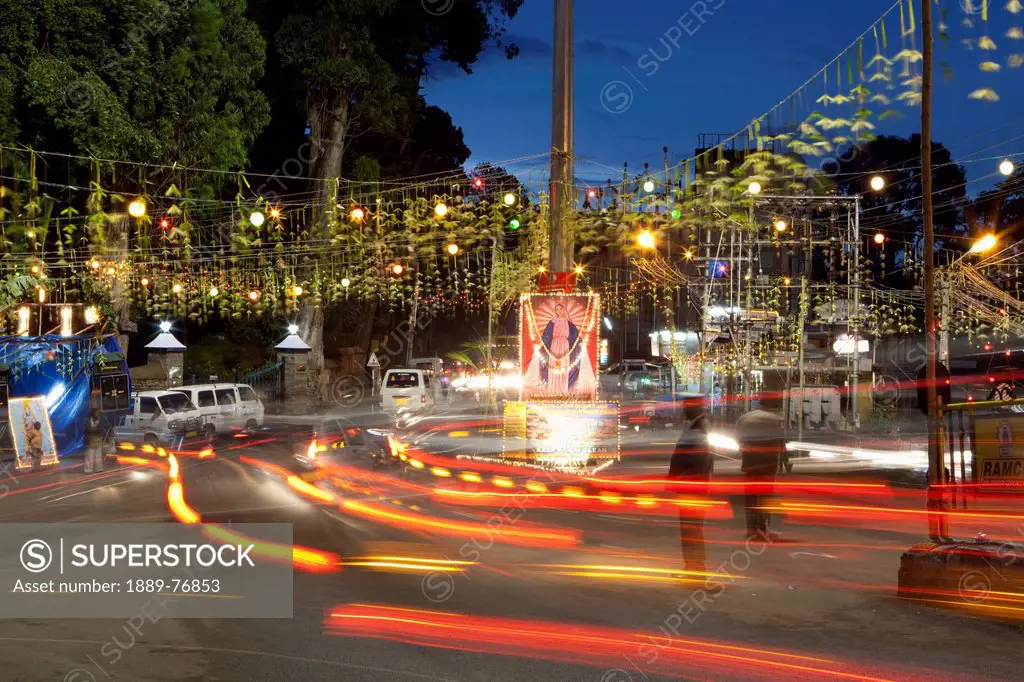 Tail lights of traffic on the busy street at dusk, kodaikanal tamil nadu india